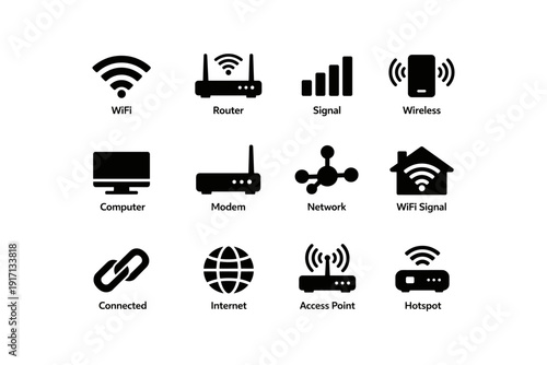 Technology icons: wifi, router, signal, computer, network, internet