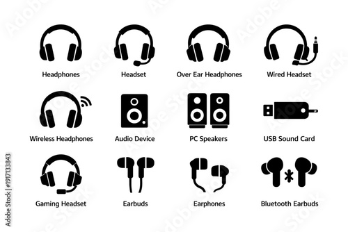 Collection of audio devices: headphones, speakers, earbuds, and more icons
