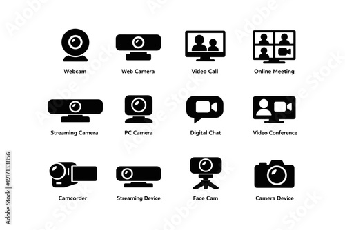 Webcam and video communication icons: streaming, online meetings, digital chats