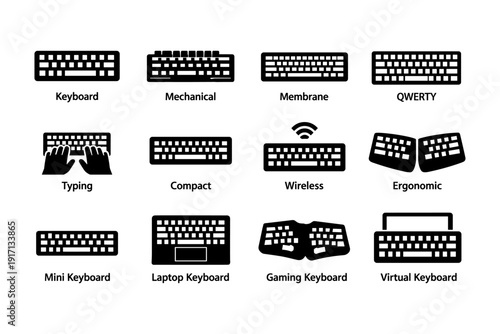 Various keyboard types: mechanical, membrane, wireless, ergonomic, gaming, mini, laptop