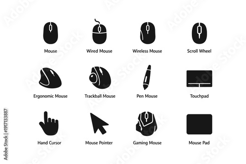 Variety of mouse icons: wired, wireless, ergonomic, gaming, and accessories