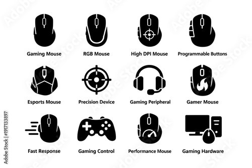 Icons of gaming mouse features and accessories