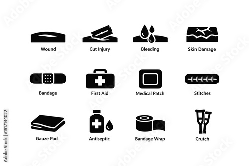 Medical symbols: wound care and first aid icons for injury treatment