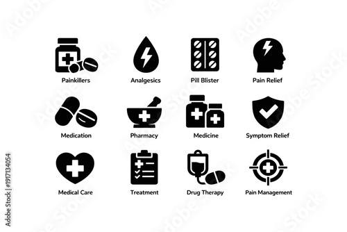 Medical icons set: painkillers, pharmacy, and symptom relief symbols