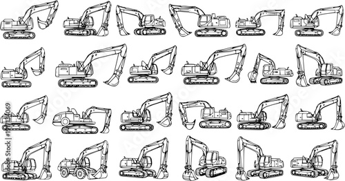 Black and White Line Art Illustrations of Excavators and Construction Equipment on White Background