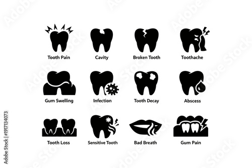 Dental issues icons set: tooth pain, cavity, broken tooth, toothache, gum swelling