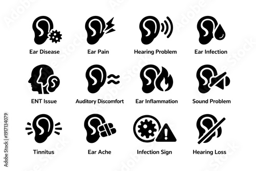 Ear health icons: disease, pain, infection, hearing loss, tinnitus