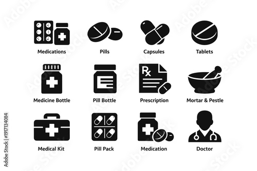 Healthcare icons: medications, bottles, prescription, medical kit, doctor silhouettes
