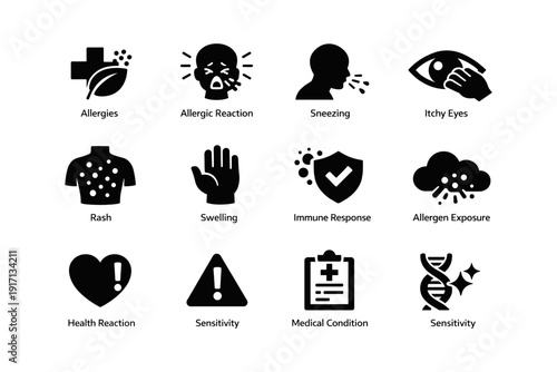 Allergy symptoms and reactions icons including sneezing, rash, immune response