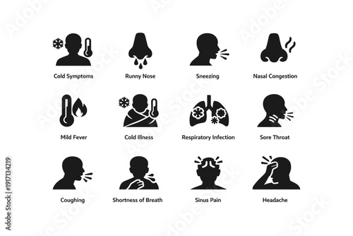 Common cold symptoms icons: fever, sneezing, congestion, headache, coughing