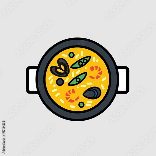 Delicious Spanish paella illustration with a mix of seafood and vegetables, top view