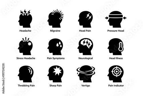Silhouette icons depicting various headache types and symptoms