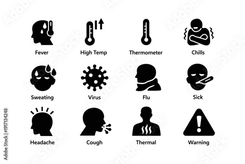 Fever and illness icons: virus, thermometer, chills, cough, warning symbols