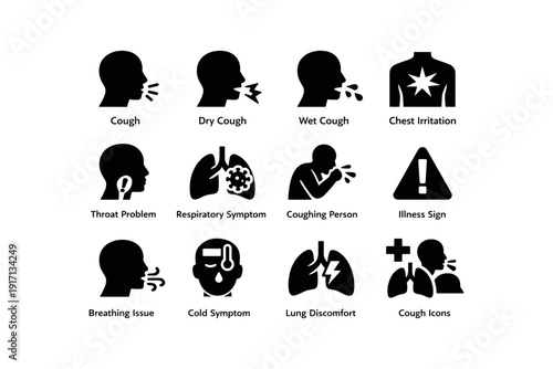 Silhouette icons of coughing symptoms and respiratory issues