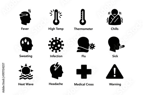 Health icons: fever, high temperature, thermometer, chills, sweating, infection, flu, sick, heat wave, headache, medical cross, warning