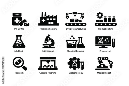 Medical and pharmaceutical icons: pill bottle, medicine factory, research, biotechnology, medical robot