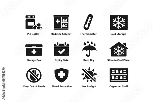 Medical storage icons: bottle, cabinet, thermometer, cold storage symbols for safe medication
