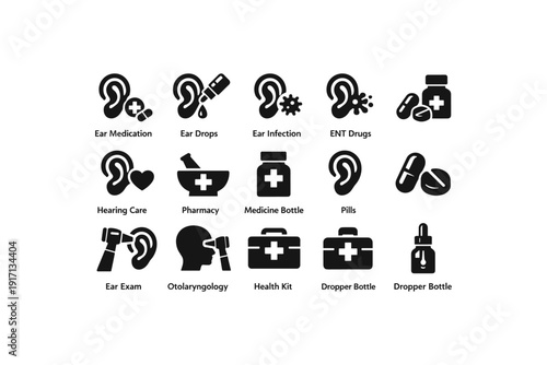Ear health icons set: medication, infection, ent drugs, hearing care tools