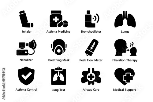 Asthma and respiratory health icons: inhaler, medicine, nebulizer, lungs, therapy