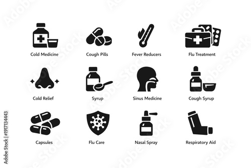 Medical icons for cold and flu treatment: cough, fever, sinus, and respiratory aid