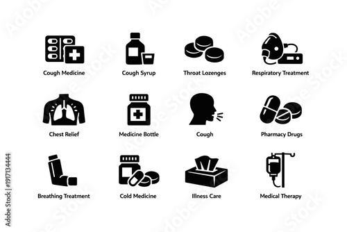Cough and respiratory treatment icons set with medicine and care symbols