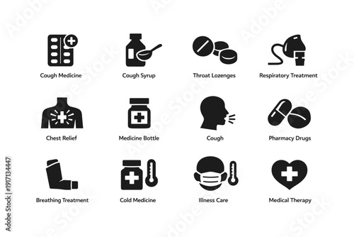 Medical treatment icons for cold and respiratory relief