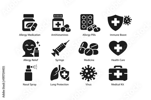 Healthcare icons: allergy medication, antihistamines, pills, immune support