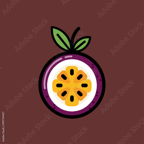 A vivid illustration of a passion fruit, with a cross-section revealing its intricate details against a brown backdrop