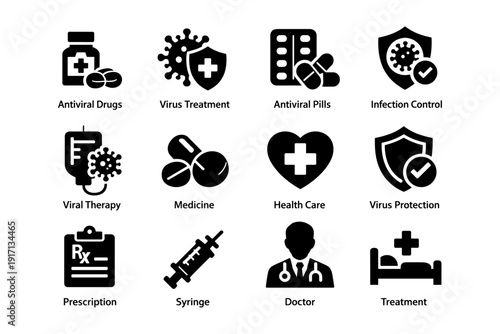 Healthcare and medical icons: pills, virus protection, prescription, syringe, doctor