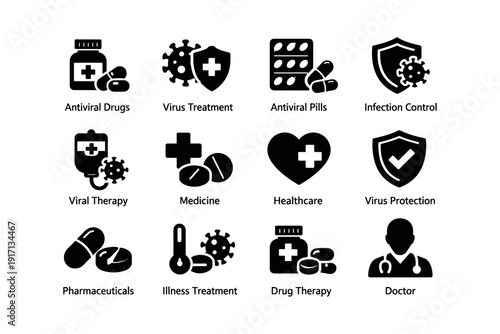 Healthcare icons: antiviral drugs, virus treatment, infection control, medicine, doctor