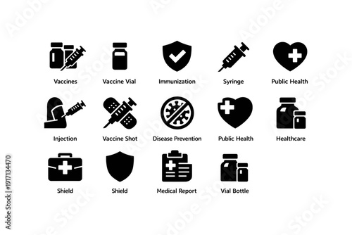 Healthcare icons set: vaccine, immunization, syringe, public health, medical symbols