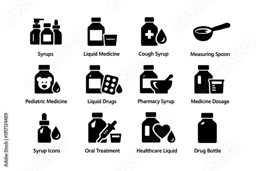 Medical bottle icons for syrups, liquid medicine, and dosage tools