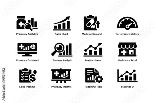 Pharmacy analytics and business analysis icons for healthcare insights