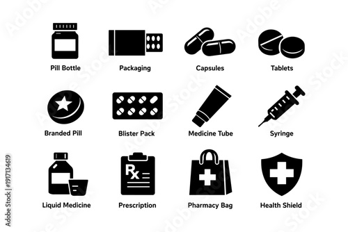 Medicine icons set: pill bottle, capsules, syringe, health shield, pharmacy bag