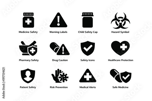 Medical safety icons: medicine, warning, child safety, hazard, pharmacy, healthcare