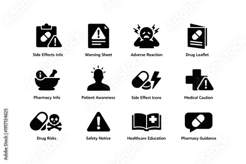 Medical warning symbols collection illustrating side effects and pharmacy information