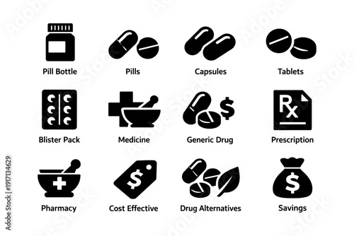 Medication icons: pills, capsules, pharmacy, prescription, savings