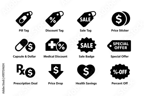 Icon set: pill, discount, sale, price, medical, special offer tags