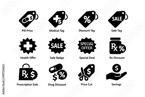 Set of black and white medical and sales icons including pills and rx discounts