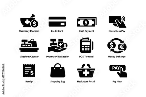 Payment icons: pharmacy, credit, cash, contactless, checkout, pos terminal, currency exchange