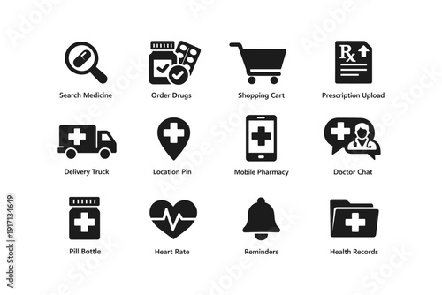 Healthcare icons set: medicine, pharmacy, shopping delivery, health records