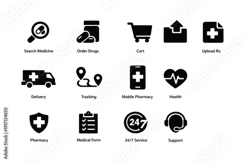 Medical service icons: search, order, delivery, tracking, support, health, pharmacy