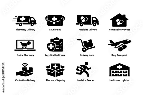Icons of pharmacy delivery and healthcare logistics services