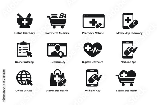 Medical ecommerce icons for online pharmacy and digital healthcare solutions