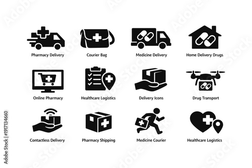 Healthcare delivery icons: pharmacy, medicine, drone, contactless, logistics