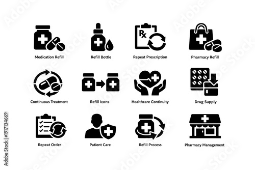 Medication refill and pharmacy management icons for healthcare continuity