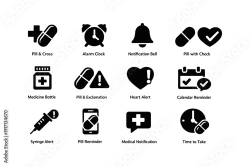 Medication management icons: reminders, alerts, and notifications for health and safety