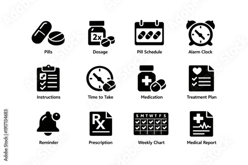 Medication management icons: pills, dosage, schedule, clock, health plan, prescription