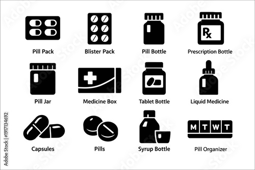 Medical icons set: pill packs, bottles, capsules, medicine box, syrup, organizer
