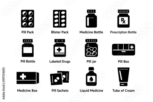 Medicine containers: pill packs, bottles, jars, boxes, sachets, cream tube icons